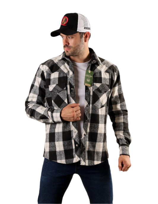 Black Sherpa-Lined Cotton Flannel Shirt Jacket