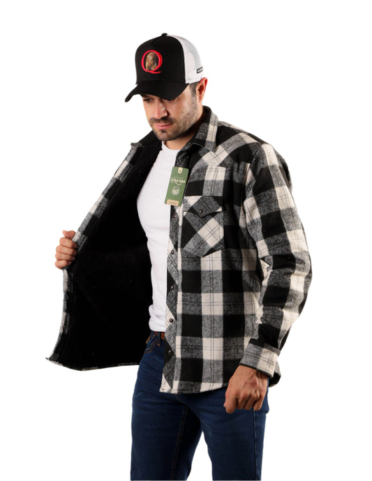 Black Sherpa-Lined Cotton Flannel Shirt Jacket