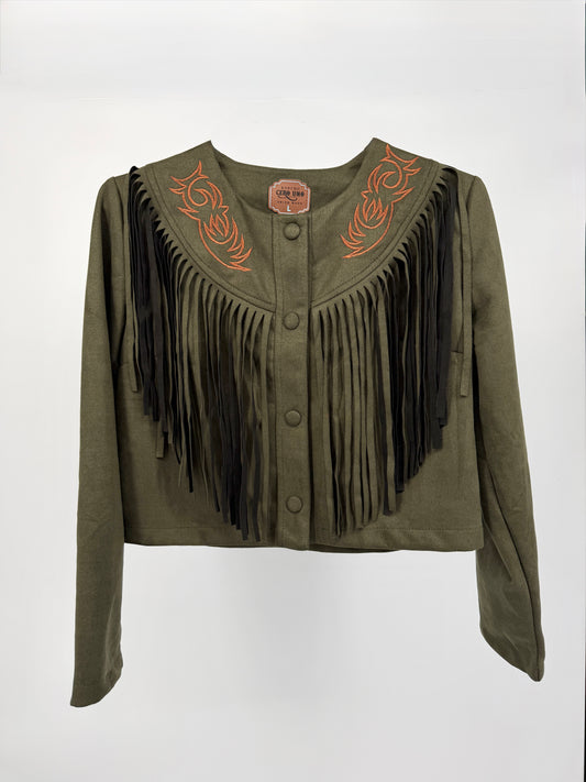 Sierra Fringe Embroidered Western Jacket – Olive Green