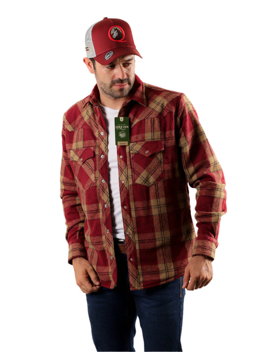 Red Sherpa-Lined Cotton Flannel Shirt Jacket