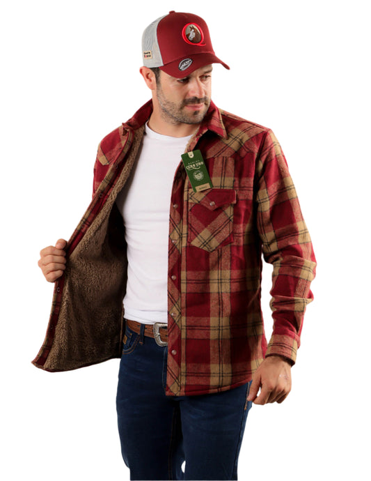 Red Sherpa-Lined Cotton Flannel Shirt Jacket