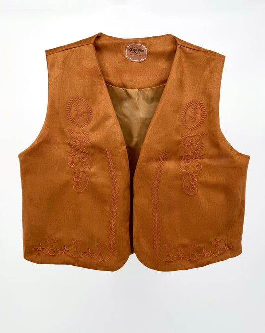Canyon Rose Embroidered Suede Western Vest - Saddle Brown